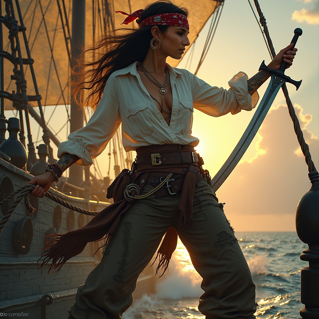 woman wielding a sword in a powerful, dynamic pose, dressed in rugged pirate attire with a flowing white shirt, billowy pants, and a wide leather belt, standing on the deck of a weathered pirate ship with tattered sails and a worn wooden hull, under the warm glow of a sunset with a hint of mist in the background, surrounded by ropes, anchors, and other nautical elements, with a sense of freedom and adventure.