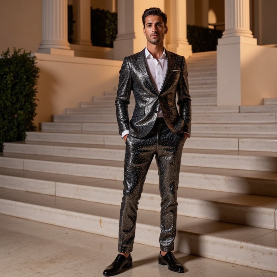 A bold Met Gala look featuring a sculpted 3D-printed chest piece, sheer floor-length skirt, and chrome-tinted body paint, pushing the edge of fashion tech