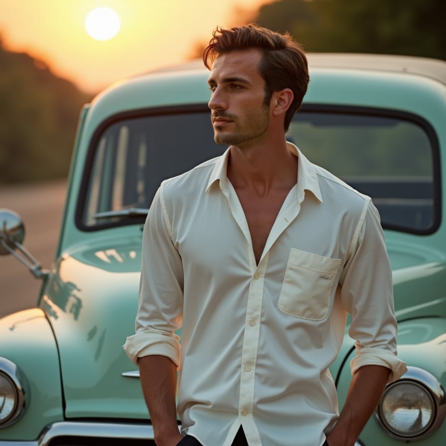 man in a stylish white satin shirt, standing in front of a vintage old-style vehicle, with a nostalgic and retro background, warm sunset lighting.