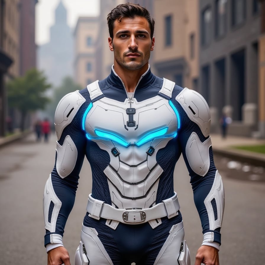 A futuristic male superhero in glowing white armor with translucent panels and a bright blue visor, standing confidently in a time-distorted cityscape, Marvel-style cinematic lighting
