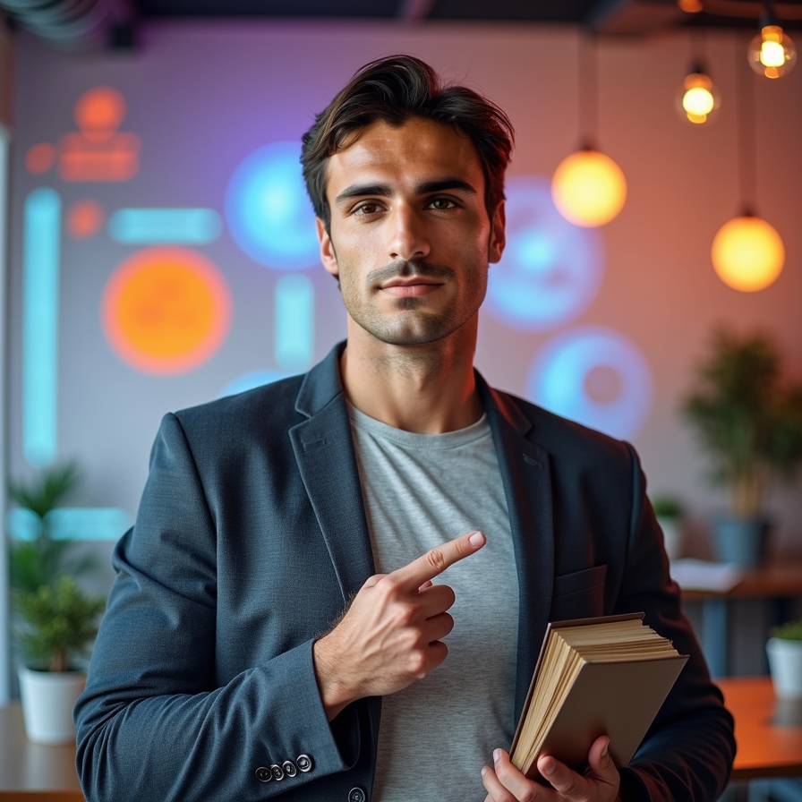 man with a focused and approachable look. He is dressed in a button-up shirt or 
