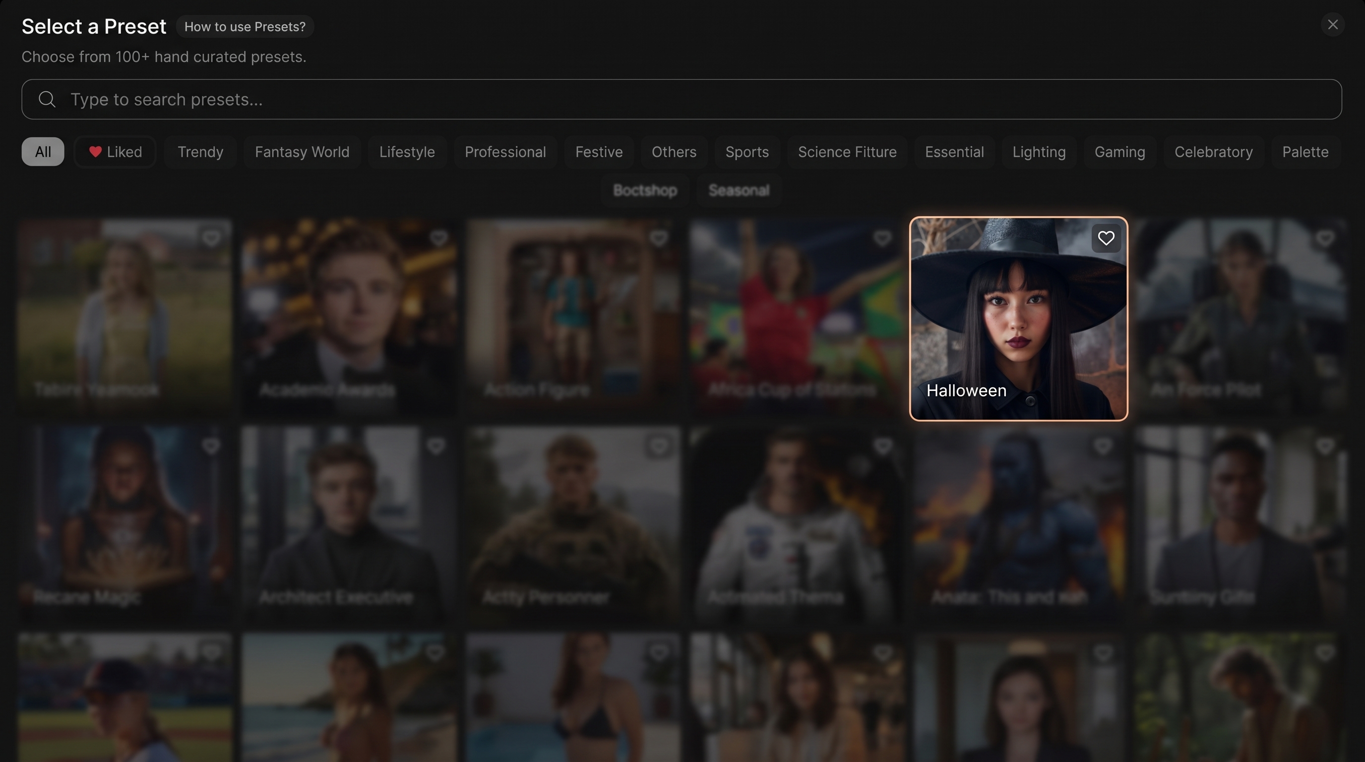 PhotoGPT dashboard with the Halloween preset highlighted
