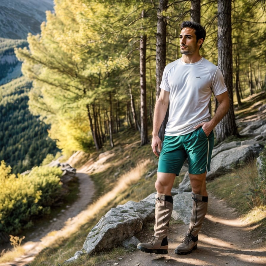 Adventurous man on mountain peak, breathtaking scenery, exploration spirit.