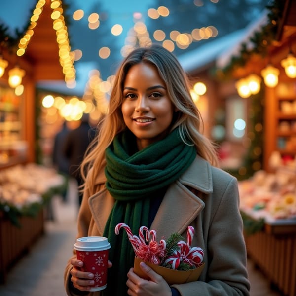 A woman in a festive green scarf and wool coat strolls through a vibrant Christmas market at night. She carries a hot cocoa cup and a shopping bag filled with candy canes, ornaments, and ribbons, surrounded by glowing string lights and wooden stalls