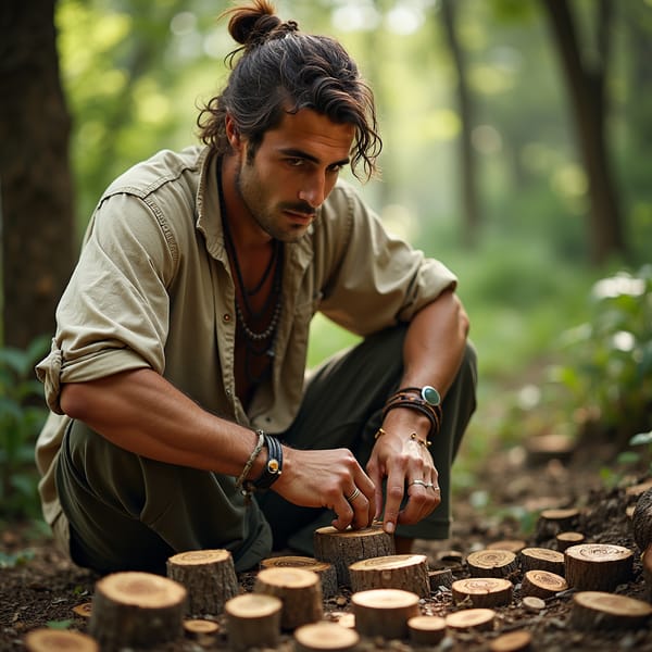 man with rugged, earthy attire, carving intricate designs on wooden objects from tree barks, surrounded by lush greenery in a serene forest setting, soft, warm sunlight filtering through the trees, emphasizing the connection with nature.