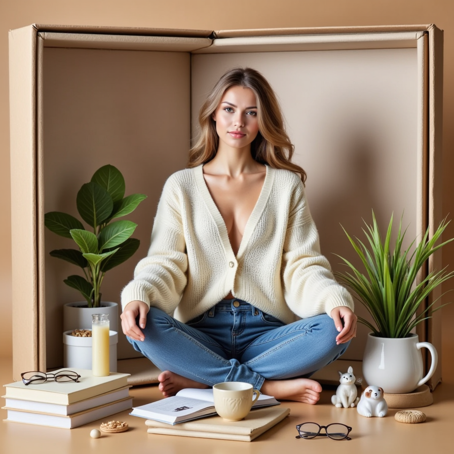 Woman sitting cross-legged in the box, cozy cardigan, surrounded by plants, book