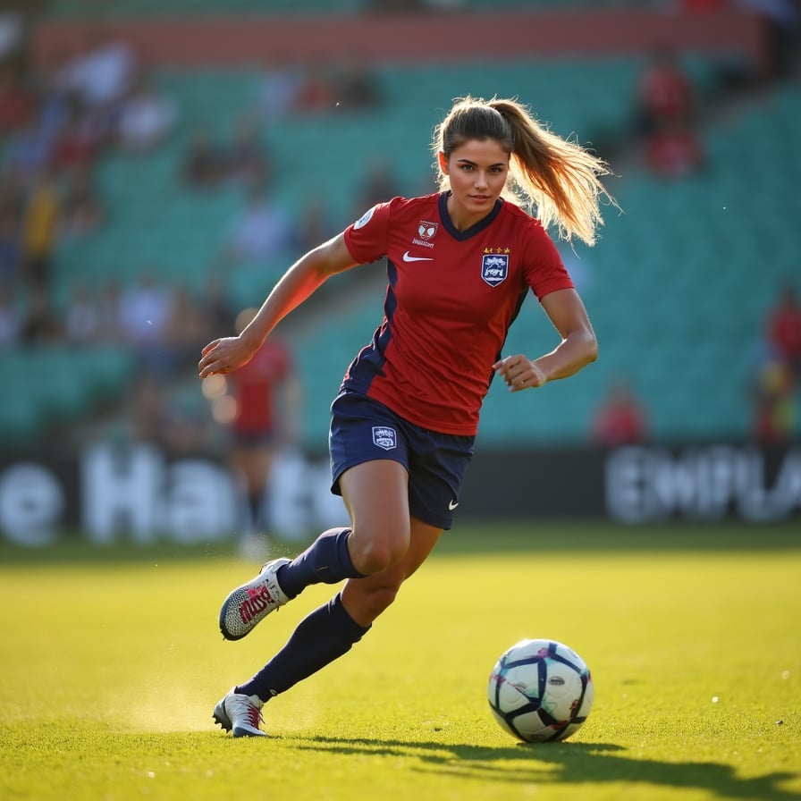 woman in athletic wear, full-body tackle in motion, athletic field or stadium in the background