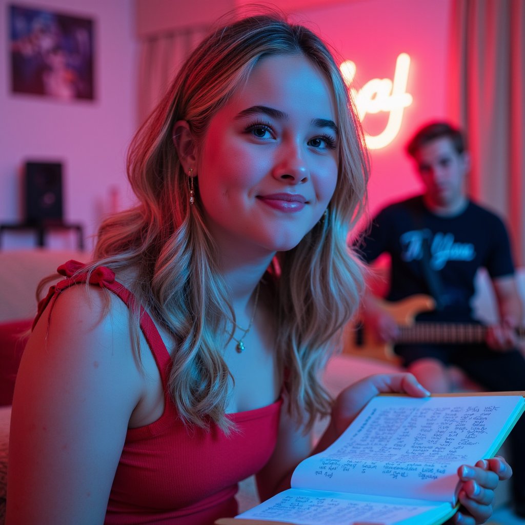 Close-up portrait of a mellow musician holding a notepad with scribbled lyrics, guitar out of focus in the background, captured in a quiet songwriting moment