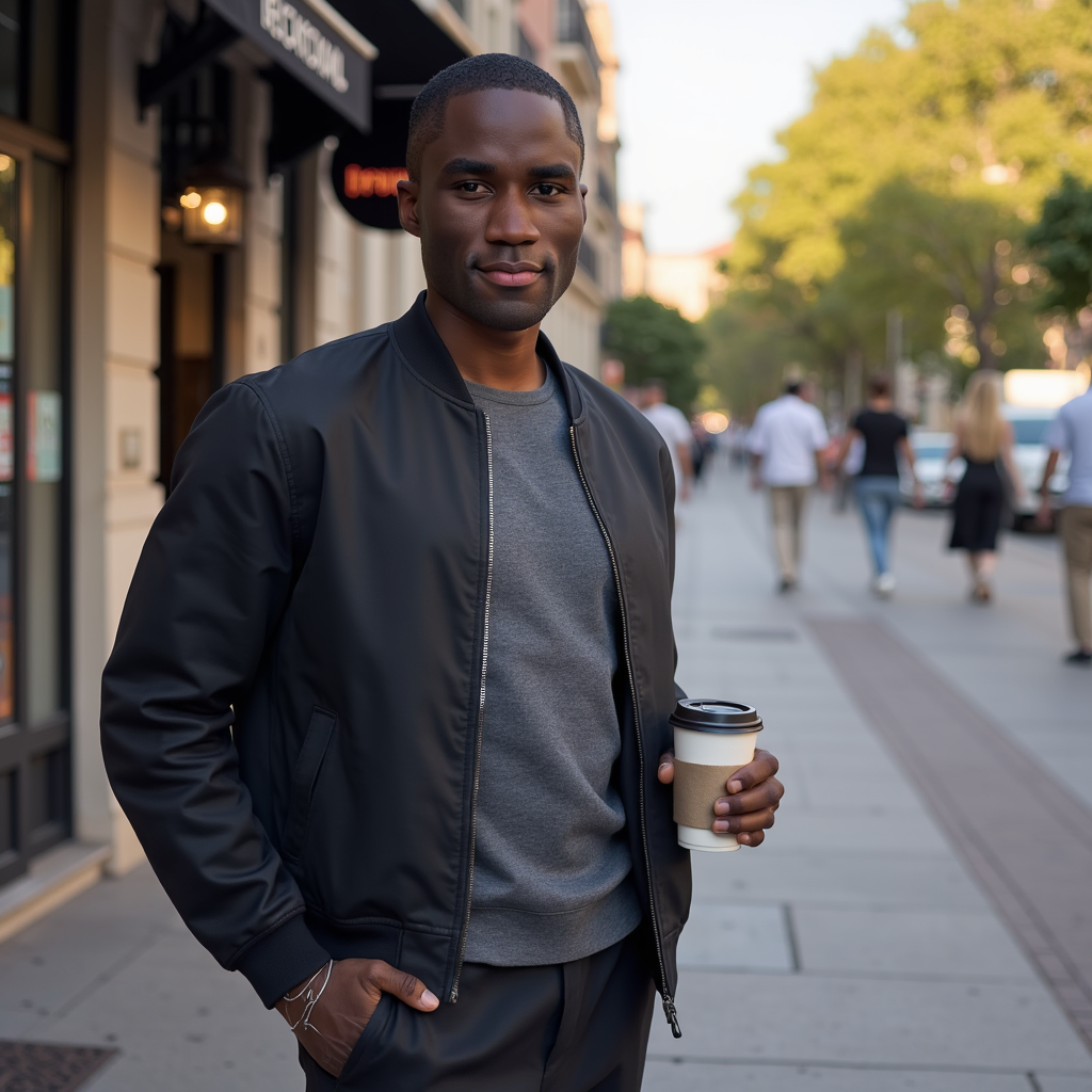 man wearing a sleek, dark bomber jacket over a fitted charcoal t-shirt, his body
