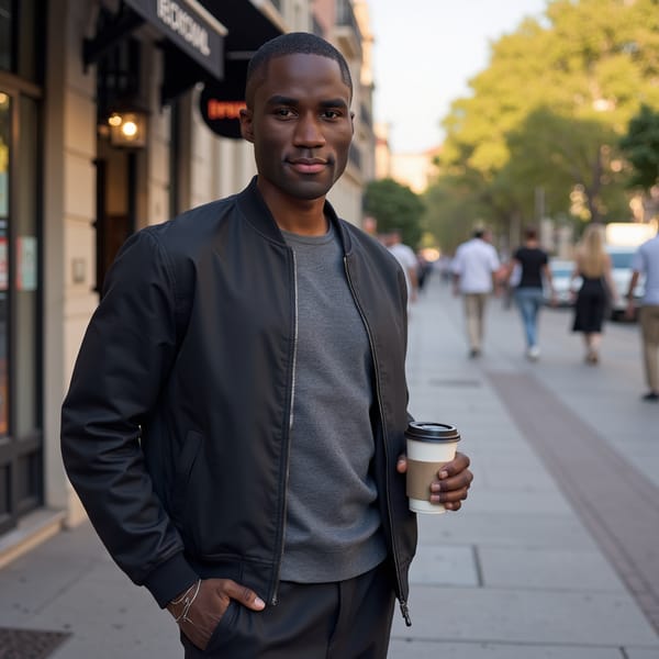 man wearing a sleek, dark bomber jacket over a fitted charcoal t-shirt, his body angled at a subtle thirty degrees, casting a confident gaze directly at the camera with a subtle, intriguing smirk. The harsh daylight sculpts strong, defined contours across his face, highlighting detailed skin texture, while the crisp edges of his clothing are sharply rendered against the softly blurred backdrop of a gritty city alleyway, subtly lit by the urban glow.