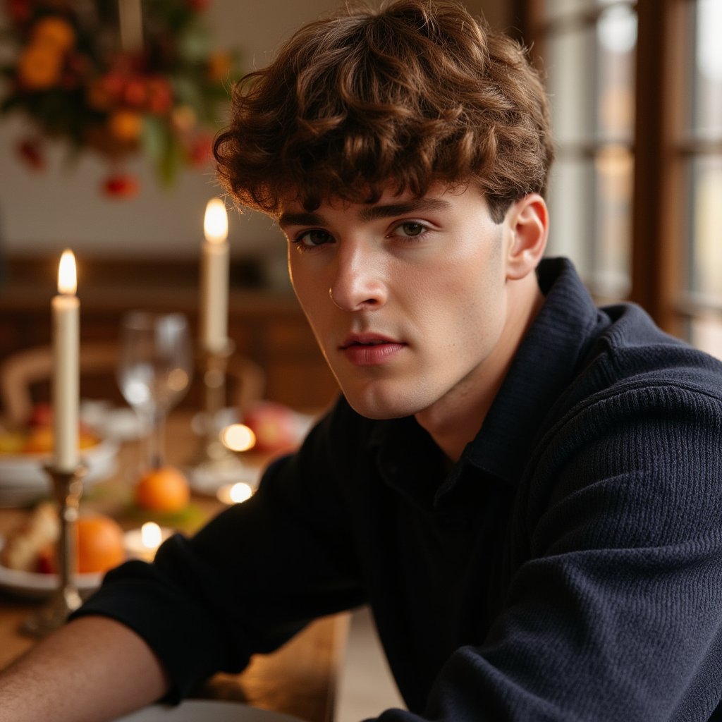 Highly detailed, highly realistic, hyperrealistic HDR waist-up portrait of a man (male, ~32 yrs) seated close to a Thanksgiving table. He wears a dark navy collared shirt with sleeves rolled to mid-forearm. The lighting comes from an overhead chandelier and side candlelight, producing warm highlights along his cheekbones and hairline. His expression open and gentle, as if mid-conversation. Background blurred — visible warm tones of wood, glass reflections, and hints of food platters without clutter. Detailed fabric weave, skin texture, and candle reflections give tactile realism. HDR, high resolution, high quality, highly detailed, photorealistic.