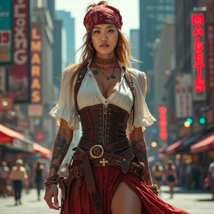 woman dressed in a pirate costume, complete with a white blouse, brown leather corset, and a flowing skirt, walking confidently on a bustling city street, surrounded by tall skyscrapers and neon lights, with a hint of a swashbuckling adventure in the air.