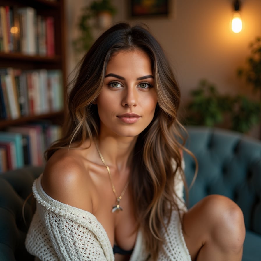 woman with a warm smile, set in a cozy indoor setting like a bookshop or sunny room. She is wearing stylish yet comfortable clothing, and the lighting is natural and inviting. The image should reflect authenticity and charm