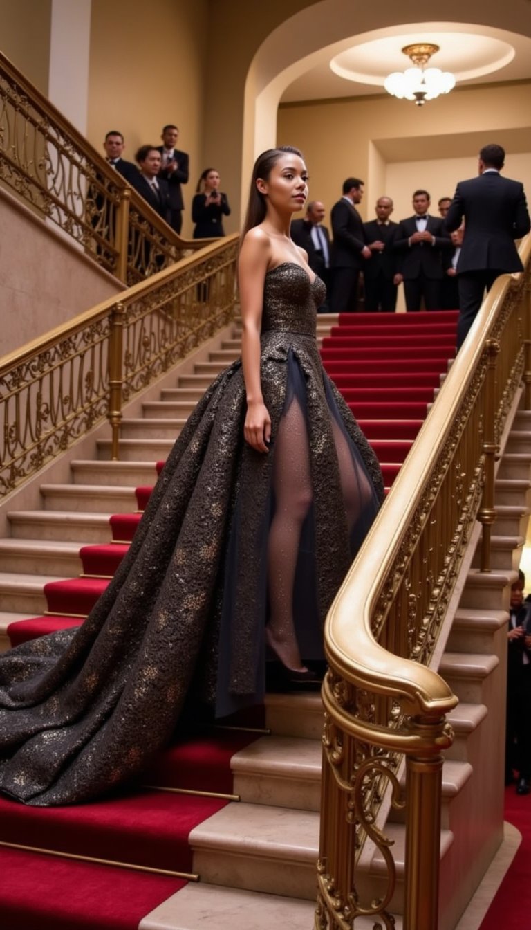 Perched confidently atop the iconic Met Gala staircase, the subject holds a poised stance framed by golden rails, marble steps, and rich red carpet textures under ambient lighting.