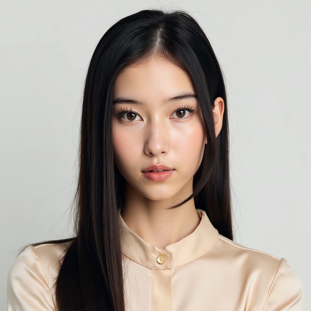 A highly detailed, highly realistic HDR passport-style portrait of a woman in her mid-20s. She has jet black straight hair styled in a sleek middle part, tucked neatly behind both ears. She wears a tailored soft beige blouse with a matte finish and minimal folds. Lighting is extremely bright and even, making shadows nearly invisible while preserving detail. Background is pure, solid white with no gradients or texture. Camera is directly centered at eye level. Her expression is calm and neutral. The image reveals precise details like tiny reflections in the eyes, fine strands of hair, and soft fabric texture on the blouse. Clean, ultra-modern, and regulation-ready.