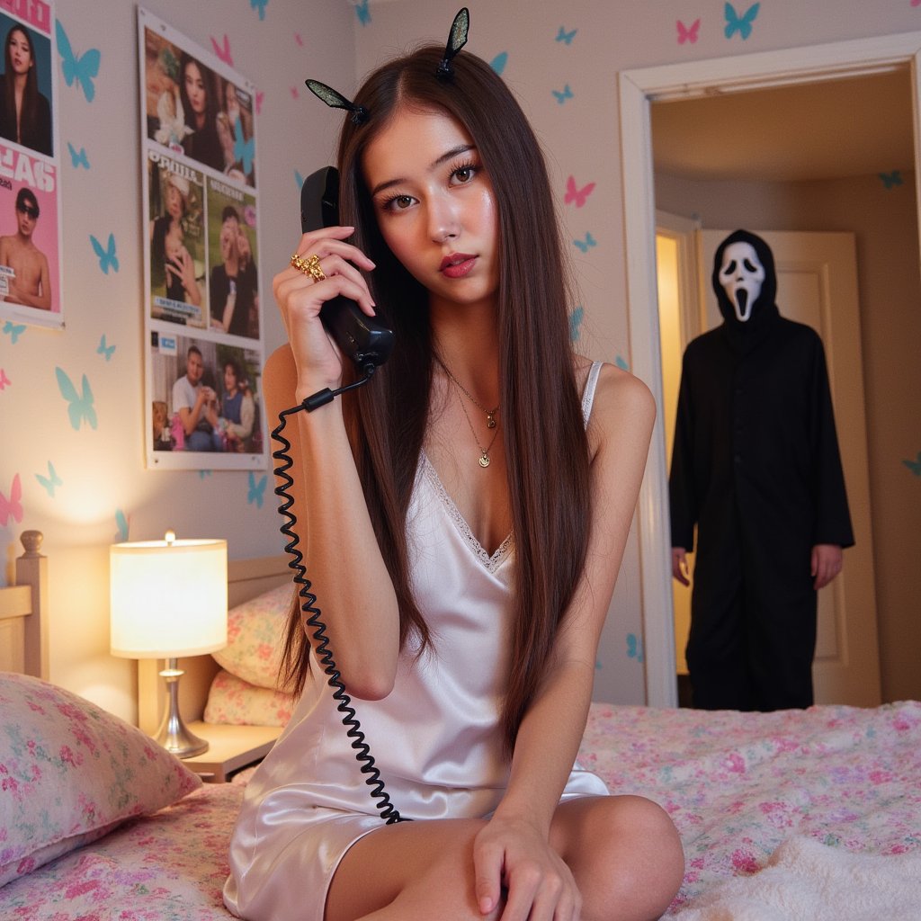 A young woman sits upright at the edge of her bed in a pastel 90s bedroom, posters of boybands and fairy lights covering the wall. She wears a satin slip dress with lace trim, chunky gold rings, and dainty layered necklaces. Her long straight hair is styled with butterfly clips, makeup kept soft with glossy lips and brown eyeliner. She holds a large 90s-style chorded phone to her ear, the coiled wire trailing across her lap. The room glows from a small bedside lamp, photographed with a grainy retro filter. In the shadowy doorway, the Ghostface killer from Scream stands barely illuminated.