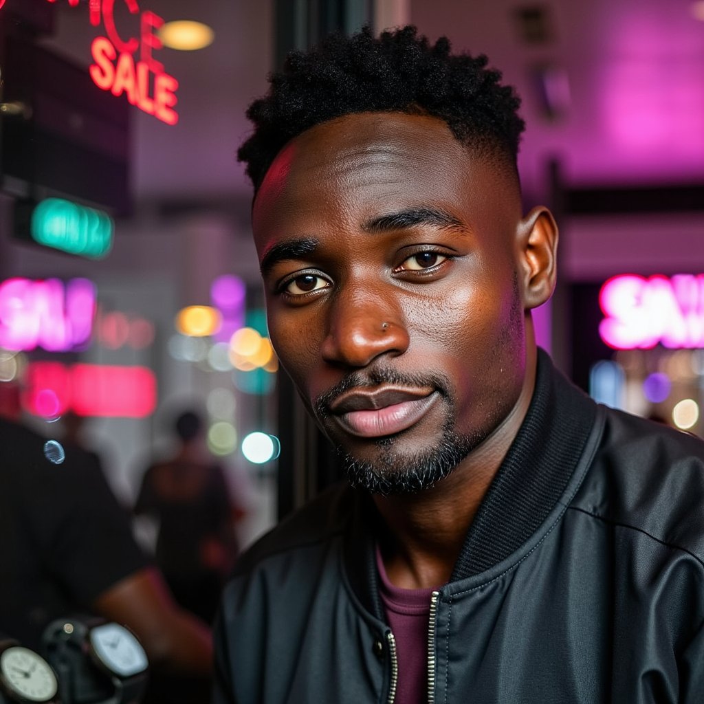 A man (male) close headshot inside an urban outlet, reflected in the glass of a display case showing gadgets and watches with red SALE tags. Hairstyle: side-swept undercut, slightly tousled; grooming: light 2-day beard. Attire: black bomber jacket with nylon sheen and ribbed collar, dark maroon tee visible at neckline. Pose: chin tilted slightly down, focused gaze at reflection; composed, no smile. Camera: 100mm macro-style head crop, eye-level, focus on reflected face. Lighting: magenta and teal neon streaks across face and glass; deep shadows for contrast. Background: abstract neon bokeh of SALE signs; reflective textures only, no clutter. Texture detail: glass smudges, nylon fibers, neon glow edges, subtle stubble. Highly detailed, highly realistic, HDR, high resolution.