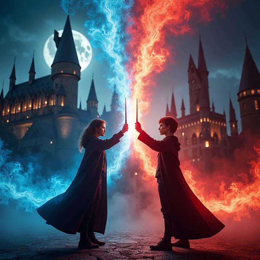 A dynamic image of two people standing away from each other facing off in a magical duel, their wands emitting bright spell trails in contrasting colors (blue and red). The background features a moonlit Hogwarts with swirling magical mist, and sparks fly as their spells collide mid-air
