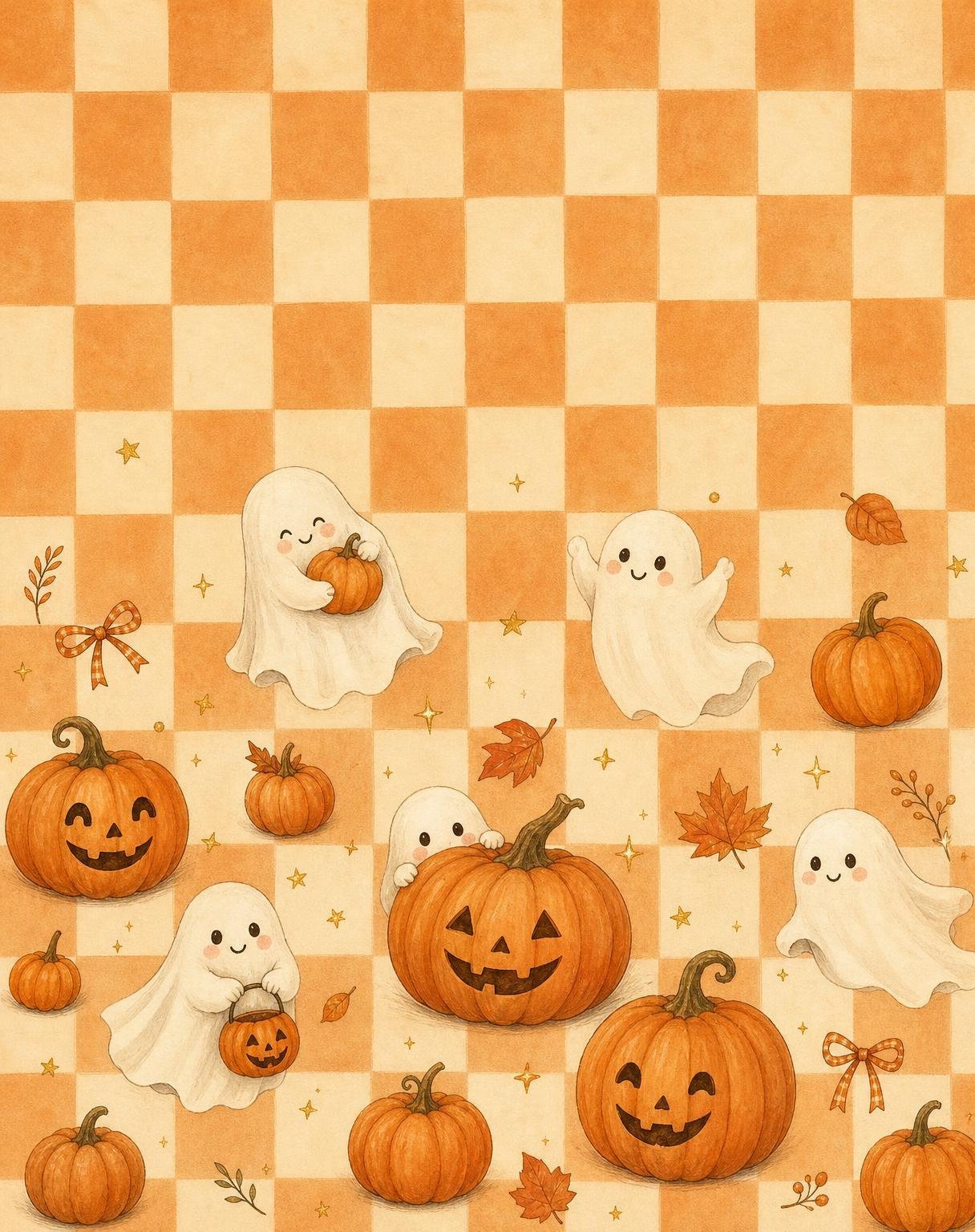 Create a premium, aesthetically charming 9:16 vertical Halloween iPhone wallpaper featuring an orange-and-cream checkerboard background decorated with adorable smiling ghosts and pumpkins.
ART DIRECTION:
Inspired by boutique illustrated stationery, cozy autumn Pinterest wallpapers, and nostalgic hand-painted Halloween artwork. The finished design should feel thoughtfully illustrated by a professional artist, not like basic clipart or randomly repeated emoji stickers.
BACKGROUND:
Use a soft, muted burnt-orange and warm ivory checkerboard pattern with a subtle vintage printed-paper texture. Keep the squares clearly defined but slightly softened with natural watercolor-like variation. The checkerboard must remain visible and distinct from the illustrations.
GHOST ILLUSTRATIONS:
Create adorable little ivory-white ghosts with softly flowing fabric-like bodies, delicate folds, rounded silhouettes, tiny expressive black eyes, subtle rosy cheeks, and charming smiles.
Give the ghosts different personalities and activities:
* One happily hugging a miniature pumpkin.
* One floating with both little arms raised.
* One peeking playfully from behind a pumpkin.
* One holding a tiny jack-o’-lantern candy bucket.
* A few simple smiling ghosts floating naturally.
Each ghost should have a slightly different pose, expression, and silhouette. Use soft hand-painted shading and delicate outlines so they look like beautiful custom illustrations.
PUMPKINS:
Illustrate charming orange pumpkins with beautifully defined curved ridges, natural green-brown stems, subtle watercolor texture, and gentle shading. Include a mix of smiling jack-o’-lanterns and ordinary autumn pumpkins in different sizes.
SMALL DECORATIVE ELEMENTS:
Add a restrained selection of tiny golden stars, miniature autumn leaves, delicate sparkles, and small hand-drawn bows. These should complement the main illustrations rather than compete with them.
COMPOSITION:
Arrange the ghosts and pumpkins into a balanced, playful repeating pattern with intentional spacing and visual rhythm. Avoid rigid rows or identical repeated characters.
Leave the upper 25–30% relatively calm and minimally decorated so the iPhone lock-screen clock remains clearly readable. Gradually increase the illustrated detail through the middle and lower sections.
COLOUR PALETTE:
Muted pumpkin orange, soft terracotta, creamy ivory, warm white, gentle peach, and tiny touches of chocolate brown.
QUALITY:
Beautifully finished 2D hand-drawn illustration, delicate organic outlines, subtle watercolor and gouache textures, charming details, crisp high-resolution artwork, and a cohesive boutique wallpaper aesthetic.
STRICTLY AVOID:
Basic emoji-style ghosts, flat generic vector icons, identical repeated illustrations, harsh neon orange, washed-out characters, muddy colour combinations, excessive decorations, glossy 3D rendering, photorealism, random floating objects, text, logos, watermarks, phone frames, or mockups.
Output only the finished vertical wallpaper, edge to edge, in 9:16 aspect ratio.