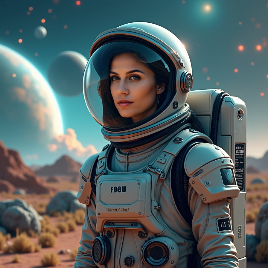 A woman stands in an alien landscape, facing the camera with a serene yet determined expression. She wears a sleek, advanced space suit, and behind her, exotic alien plants and glowing rocks dot the ground. The sky above is filled with planets, colorful nebulae, and distant stars, adding a mystical touch