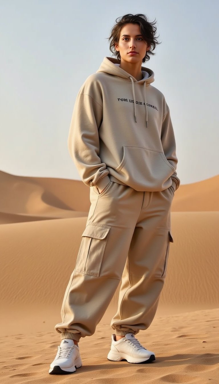 oversized hoodie, cargo pants, chunky sneakers — placed in a sunlit desert landscape with dunes in the background, maintaining the full outfit while integrating warm sandy tones and atmospheric haze for surreal contrast.