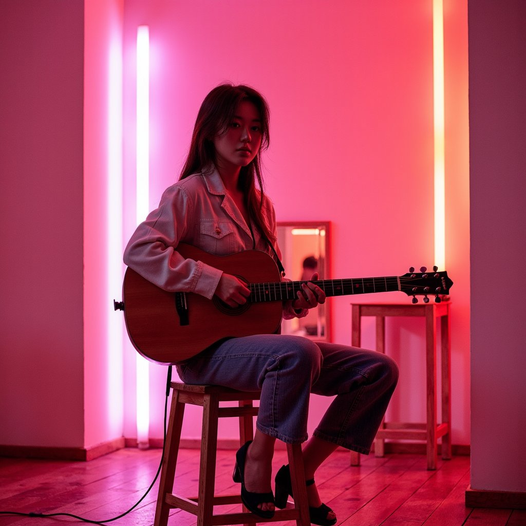 Knee-up portrait of a musician sitting on a wooden stool holding an acoustic guitar, warm ambient lighting, candid moment like a backstage session