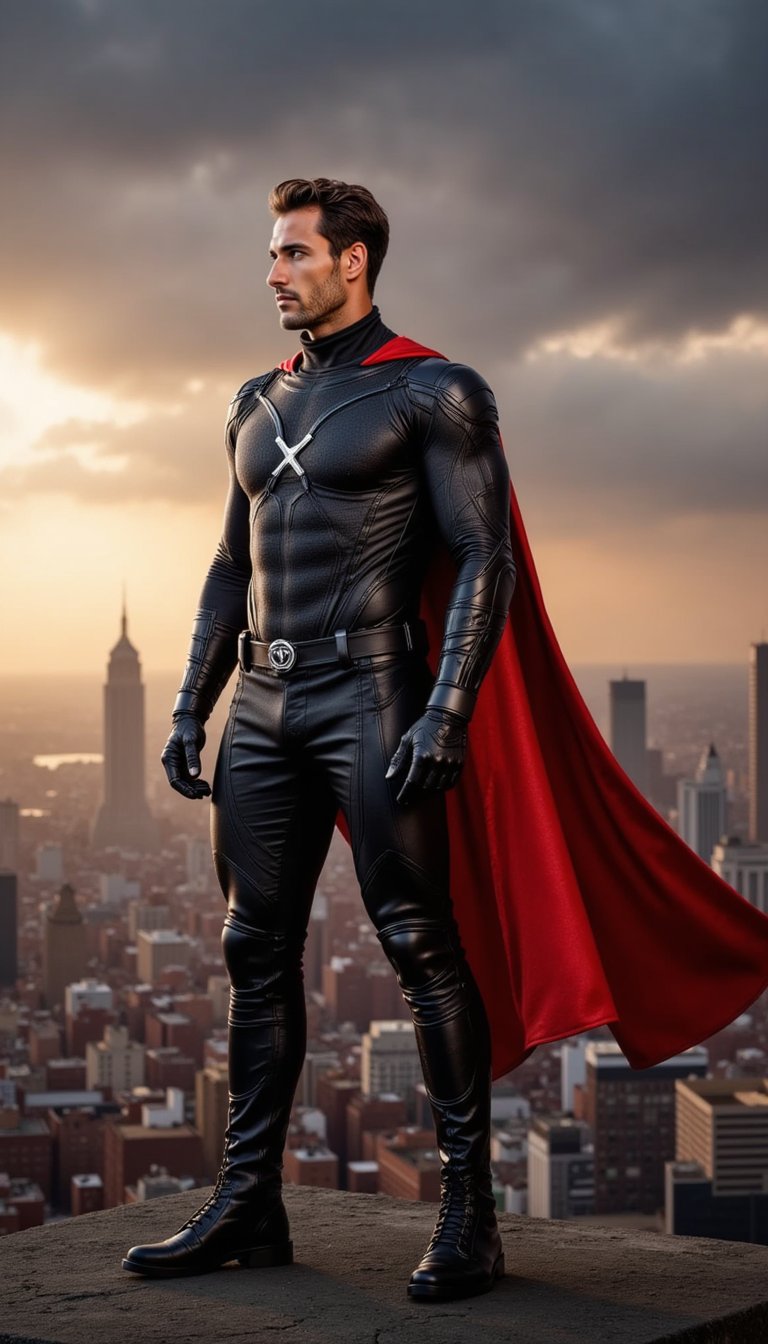 A next-gen superhero stands tall against a stormy skyline, cape fluttering slightly in the wind, jaw set with resolve. Their outfit is minimal yet high-concept, blending armor with utility. The shot is wide-angled and dramatic, evoking Marvel-style poster imagery.
