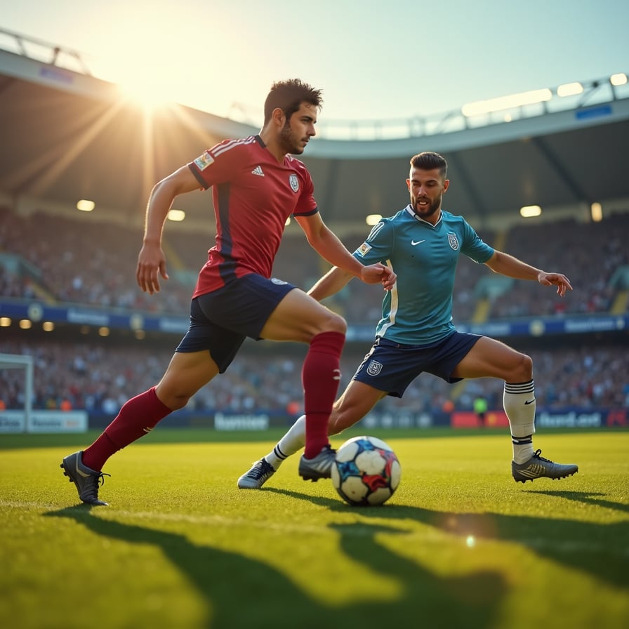 man in dynamic action, tackling and dribbling a football away from an opponent, wearing a sleek athletic jersey and shorts, under the bright lights of a stadium, with a blurred background of cheering fans and lush green grass.