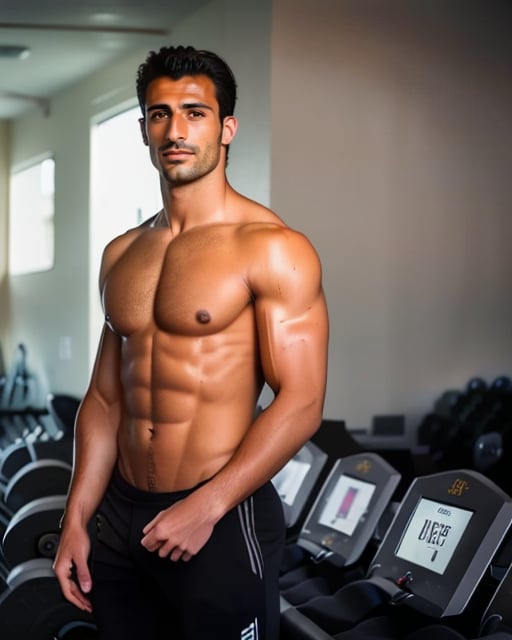 Muscular man, gym setting, confident pose, athletic, natural lighting.