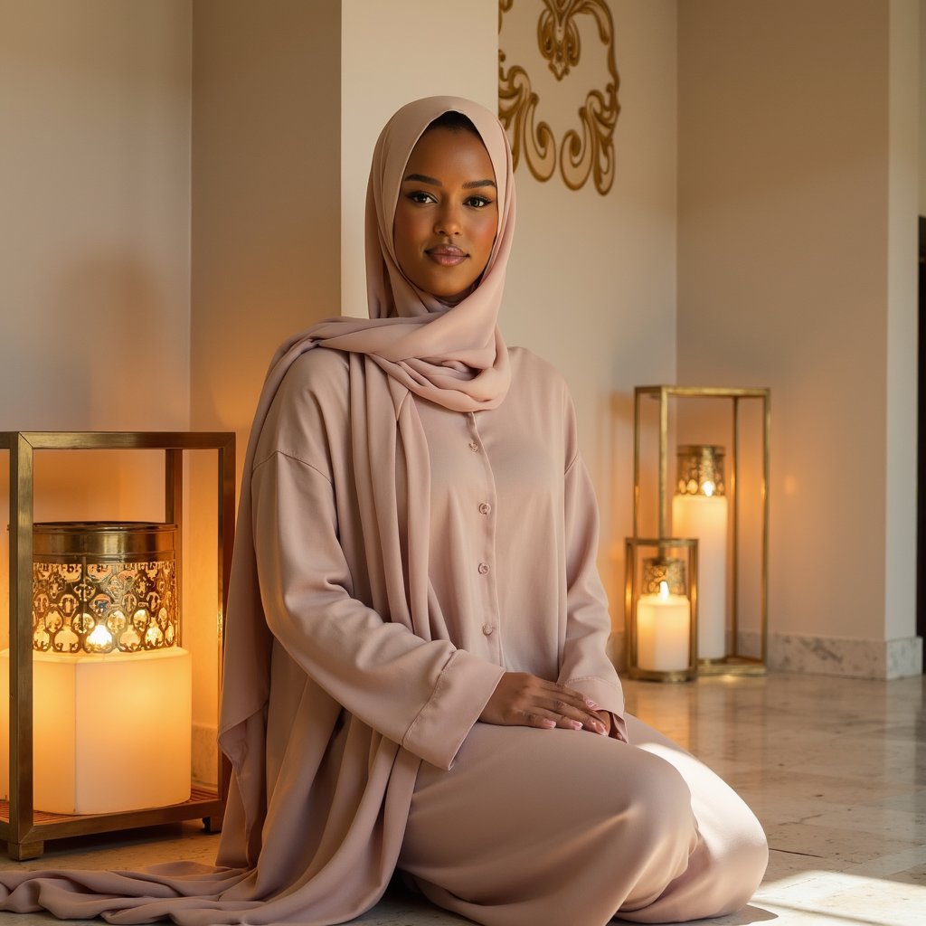 Knee-up portrait of a woman in a flowing abaya with soft pastel hues, subtle smile, surrounded by decorative lanterns in gentle golden light — inspired by Mawlid traditions