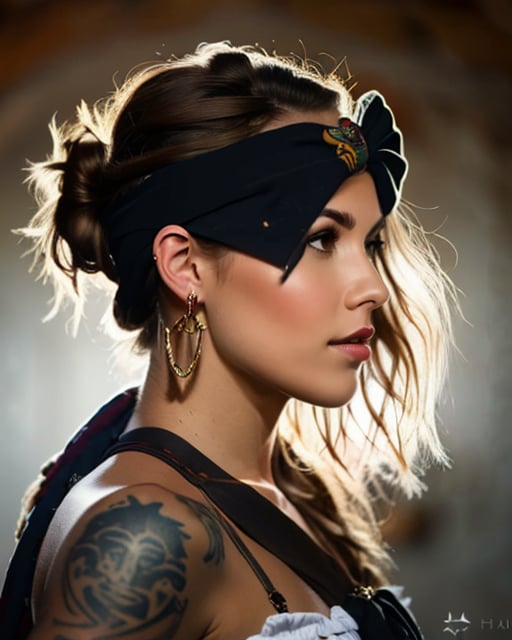 Pirate woman, wild, detailed tattoos, rugged attire, photorealistic.