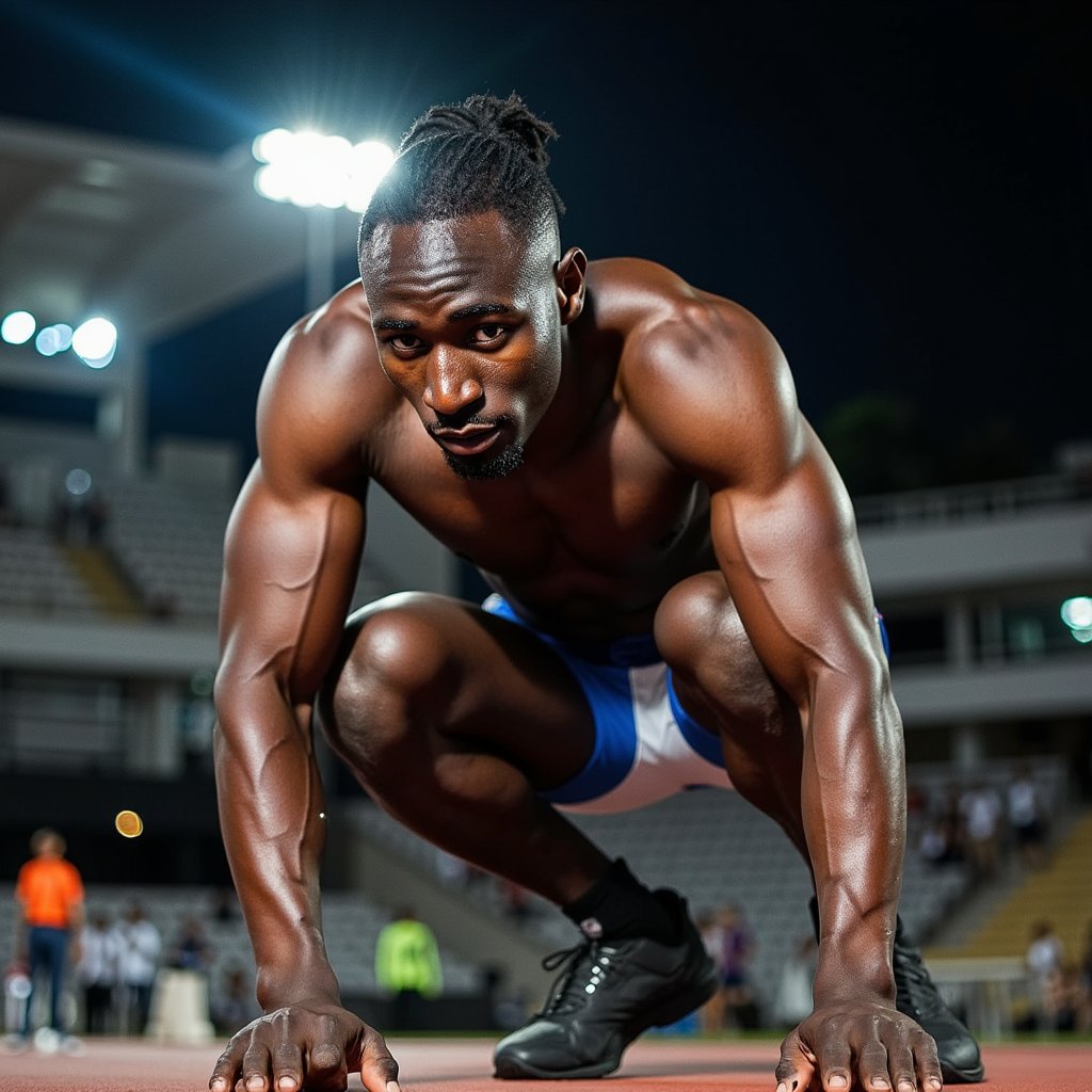 Portrait of a male long jumper crouched and ready at the starting line, dirt smudges on face, spotlight over one shoulder — powerful competition moment