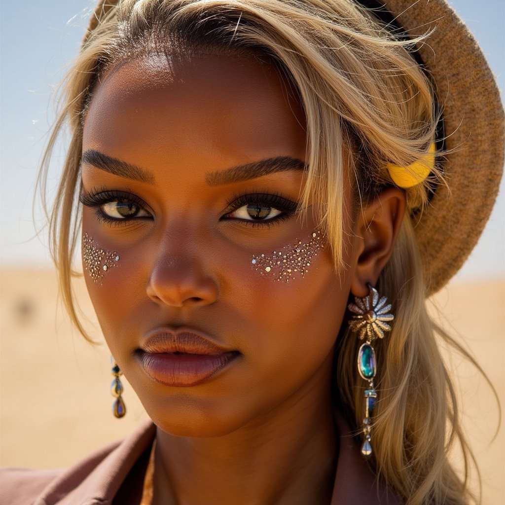 Close-up headshot of a cyber-tribal woman with face jewels and LED earrings, dramatic eye makeup, sandstorm background, Burning Man aesthetic