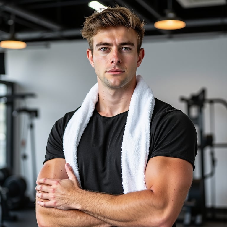 Man, athletic build, head-and-shoulders studio portrait with a towel draped arou