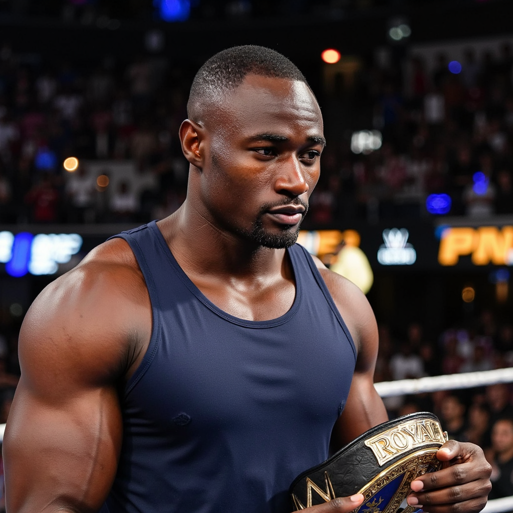 A highly realistic WWE Royal Rumble head-and-shoulders shot of a male wrestler (