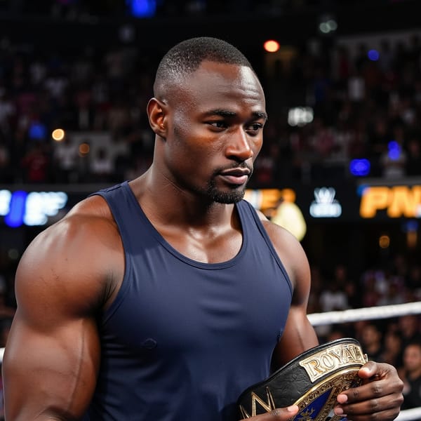 A highly realistic WWE Royal Rumble head-and-shoulders shot of a male wrestler (late 30s) adjusting his posture after exertion, shoulders squared, calm breathing visible. Expression is neutral and composed, eyes steady, brow relaxed. Hair: short brushed-back style, damp at the roots. Skin texture shows pores, light sweat on temples, natural highlights.
Outfit: midnight blue compression top with smooth elastic fabric, fine stitching visible near collarbone; white wrist tape barely visible at frame edge.
Camera: 90mm, tight crop, shallow depth of field.
Lighting: soft arena lighting with gentle highlight roll-off.
Background: blurred crowd lights and indistinct ring elements, very minimal clutter.
End with: highly detailed, highly realistic, HDR quality, professional WWE broadcast look.