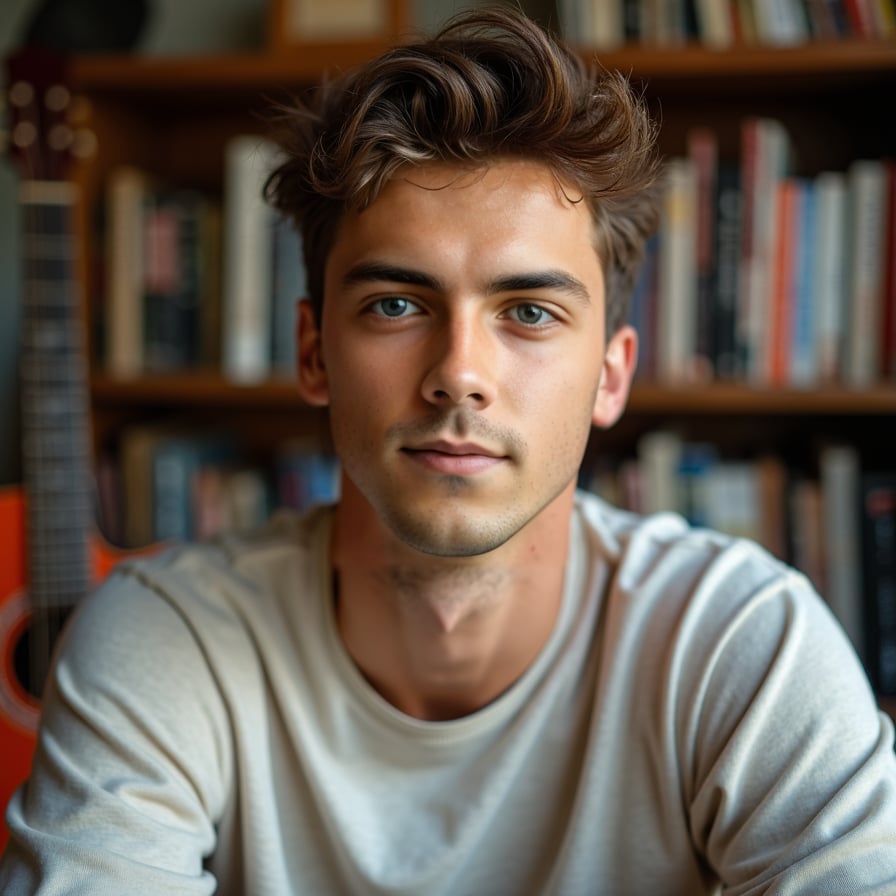 man that reflects his unique personality. He could be in a cozy indoor space with books or a guitar in the background, wearing a casual t-shirt or sweater. His expression is relaxed and genuine, conveying authenticity and charm