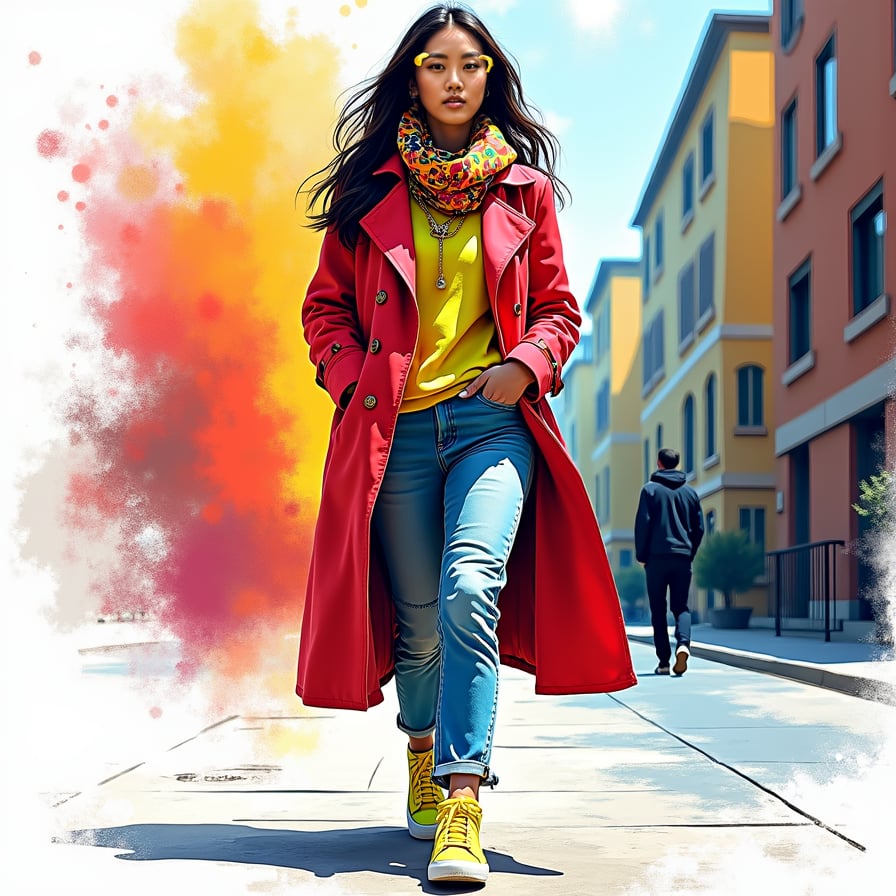 A fashionable young woman walking down the street, her outfit a bold mix of vibrant colors and patterns. She wears a bright red trench coat, neon yellow sneakers, and a patterned scarf, each element of her outfit standing out against the minimalist background. The sketch is fully coloured and uses sharp, angular lines to outline her figure, with exaggerated proportions and playful details like oversized sunglasses. The background fades into abstract splashes of color