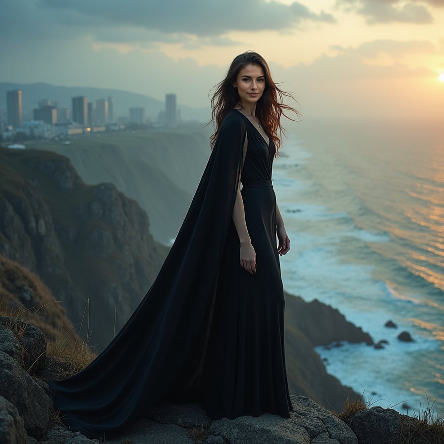 A woman (Bella) standing on a rocky cliffside, looking directly at the camera with a contemplative expression. She's wearing a long, flowing cloak and her hair is blowing in the wind. The background is a dramatic, misty landscape, with the ocean stretching out to the horizon. The lighting is soft and ethereal, with a hint of moonlight casting a silver glow.