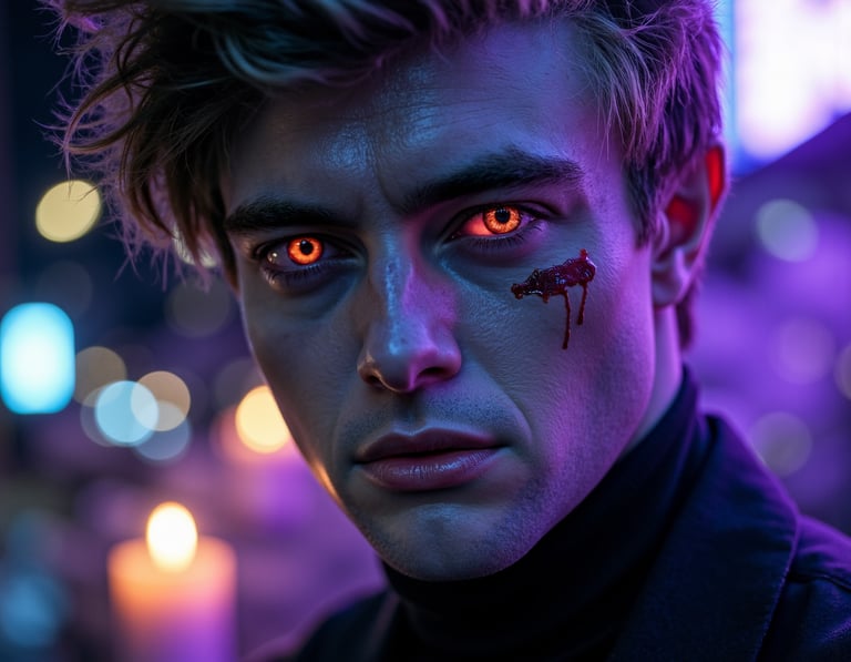 ultra-realistic close-up portrait of a man as a futuristic vampire — faintly glo