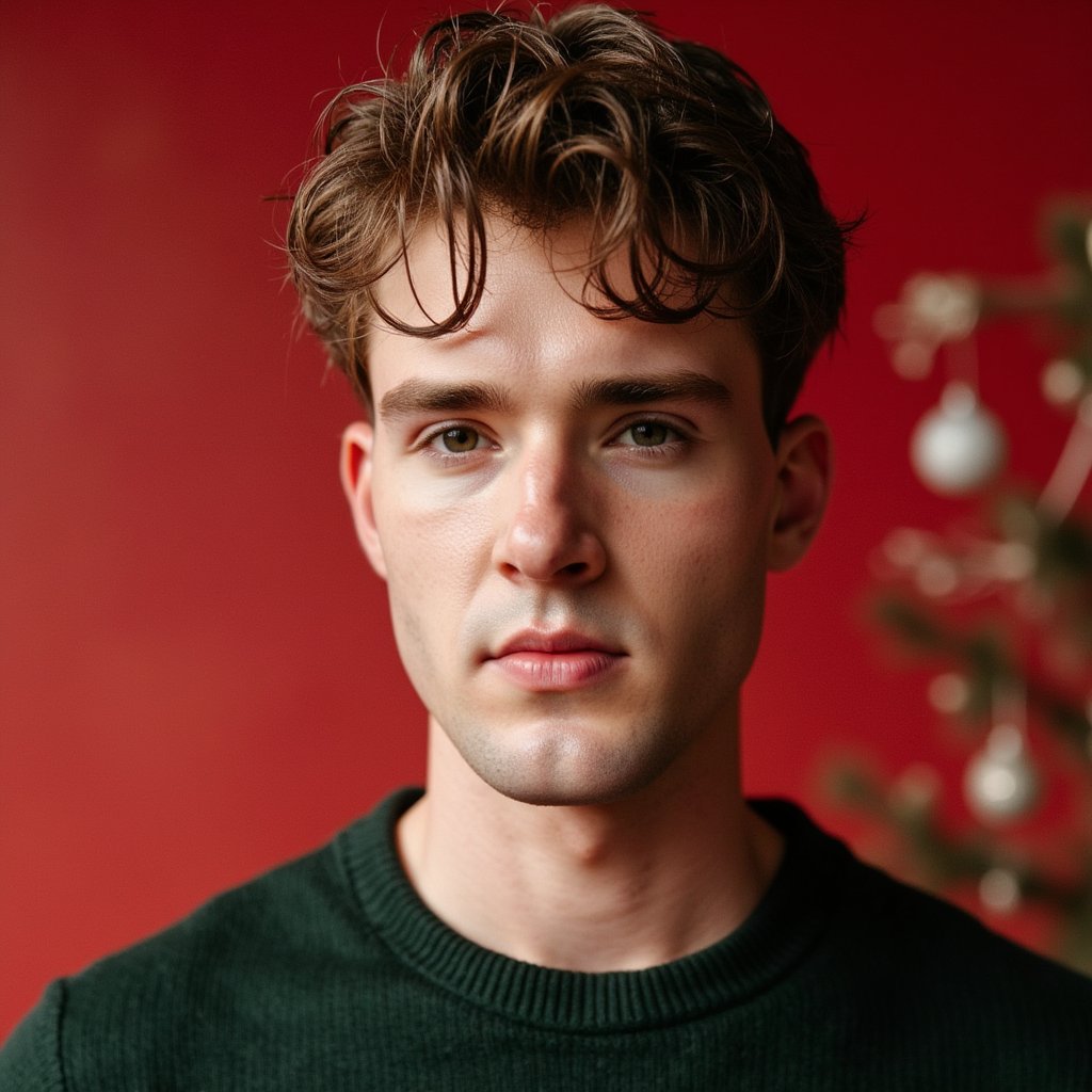 Headshot of a man in a modern photo studio with a matte red backdrop providing a bold Christmas theme. He faces the camera straight-on, expression confident but soft. He wears a dark forest-green cashmere crewneck, ribbed collar visible in detail.
Hair: short fade with neatly styled top; light stubble.
Lighting: classic studio beauty lighting — large softbox frontal key plus gentle kicker from camera-left; even skin illumination, soft shadows.
Background: smooth seamless red, no clutter; subtle gradient from light falloff.
Camera: 85mm f/2.2; highly detailed, highly realistic, HDR, showing crisp knit detail and natural skin texture.