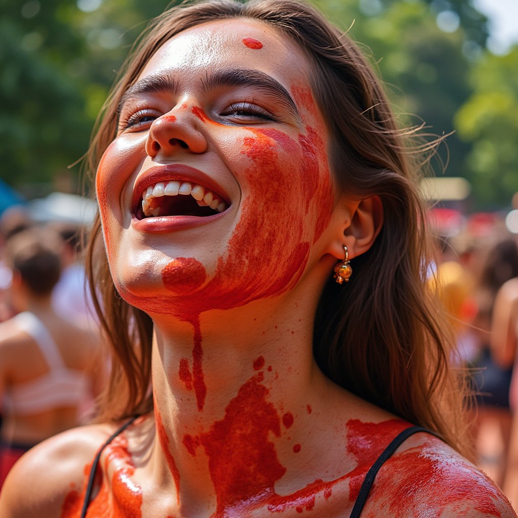 Close-up portrait of a joyful woman mid-laugh, face splattered with tomato juice, hair soaked, wearing protective goggles, La Tomatina festival vibe
