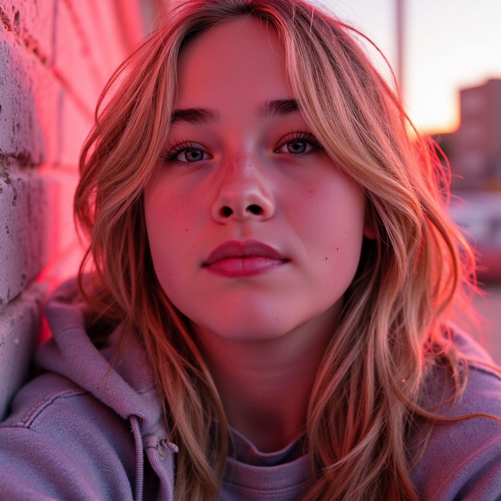 Close-up headshot of a singer-songwriter with tousled hair, casual hoodie, faint smile, soft sunset lighting — quiet and personal like Ed Sheeran’s Play tour