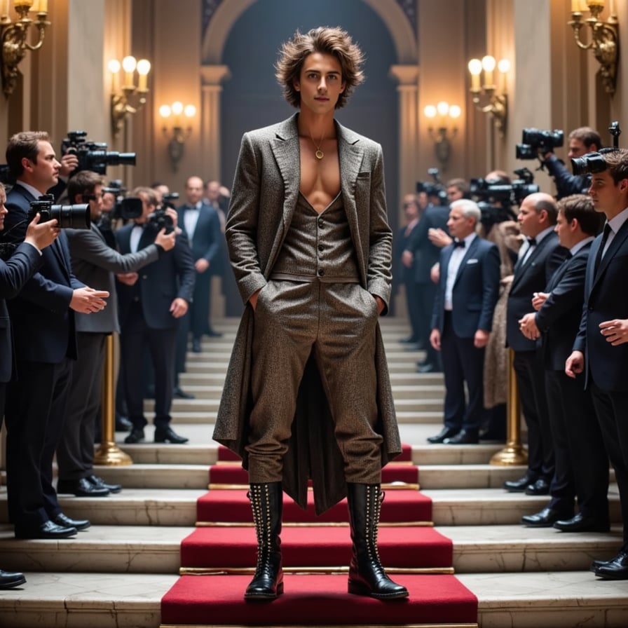 An androgynous Met Gala outfit for a man, mixing sheer fabrics, pearl-studded boots, and a dramatic feathered headpiece in a moody, artistic setting