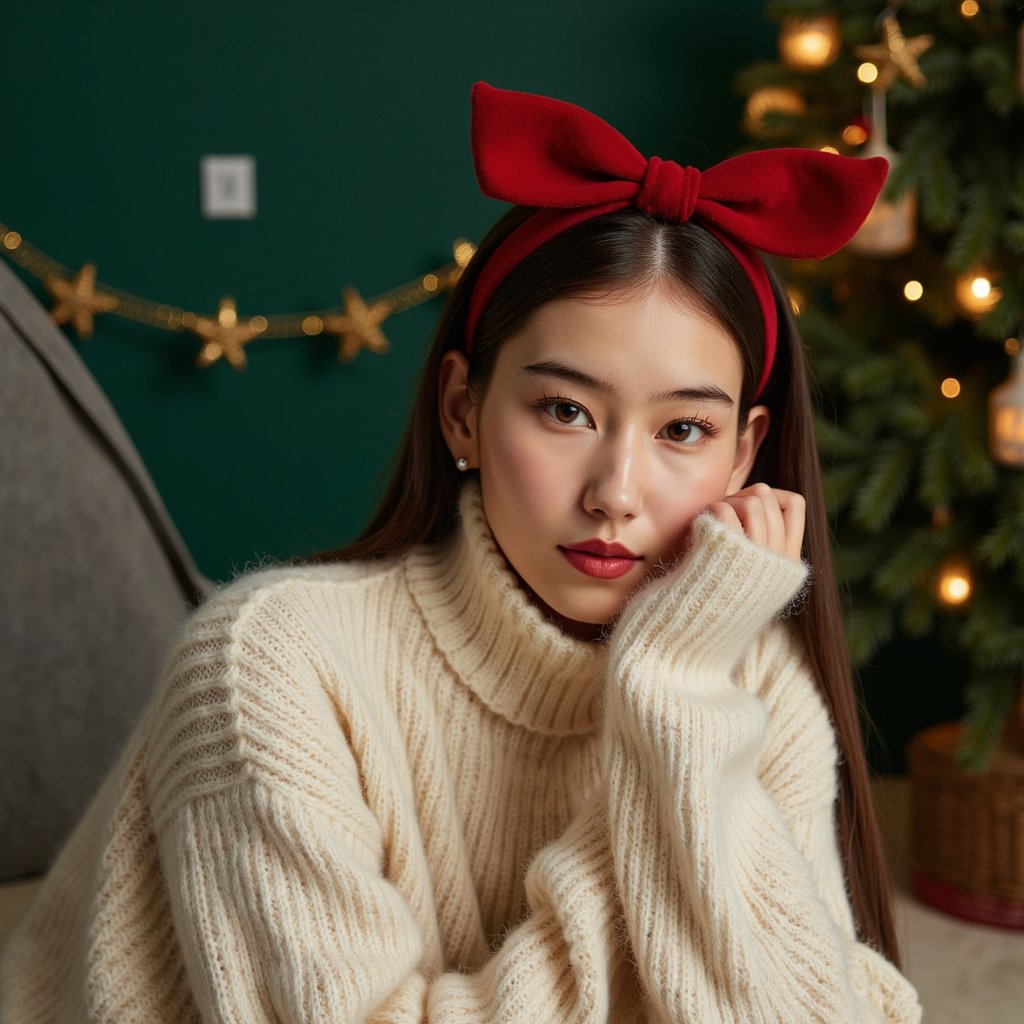 Tight headshot of a woman three-quarters to camera, shoulders relaxed, eyes to lens, soft closed-lip smile. She wears a cream angora crewneck (fine fuzzy fibers visible) and a wide red velvet hair bow at the crown; tiny pearl studs. Hair: straight, sleek, center part; ends softly beveled. Makeup: classic holiday—sheer dewy base, blue-red satin lipstick, subtle rose blush. Lighting: clamshell beauty light (softbox high front + reflector below) with a faint edge light to sculpt hair bow texture. Background: matte forest-green seamless with a dim out-of-focus garland stripe; minimal clutter. Camera: 100mm macro portrait, f/2.8 for razor-sharp eyes and fabric grain; highly detailed, highly realistic, HDR; velvet pile and angora fibers clear; still, elegant.