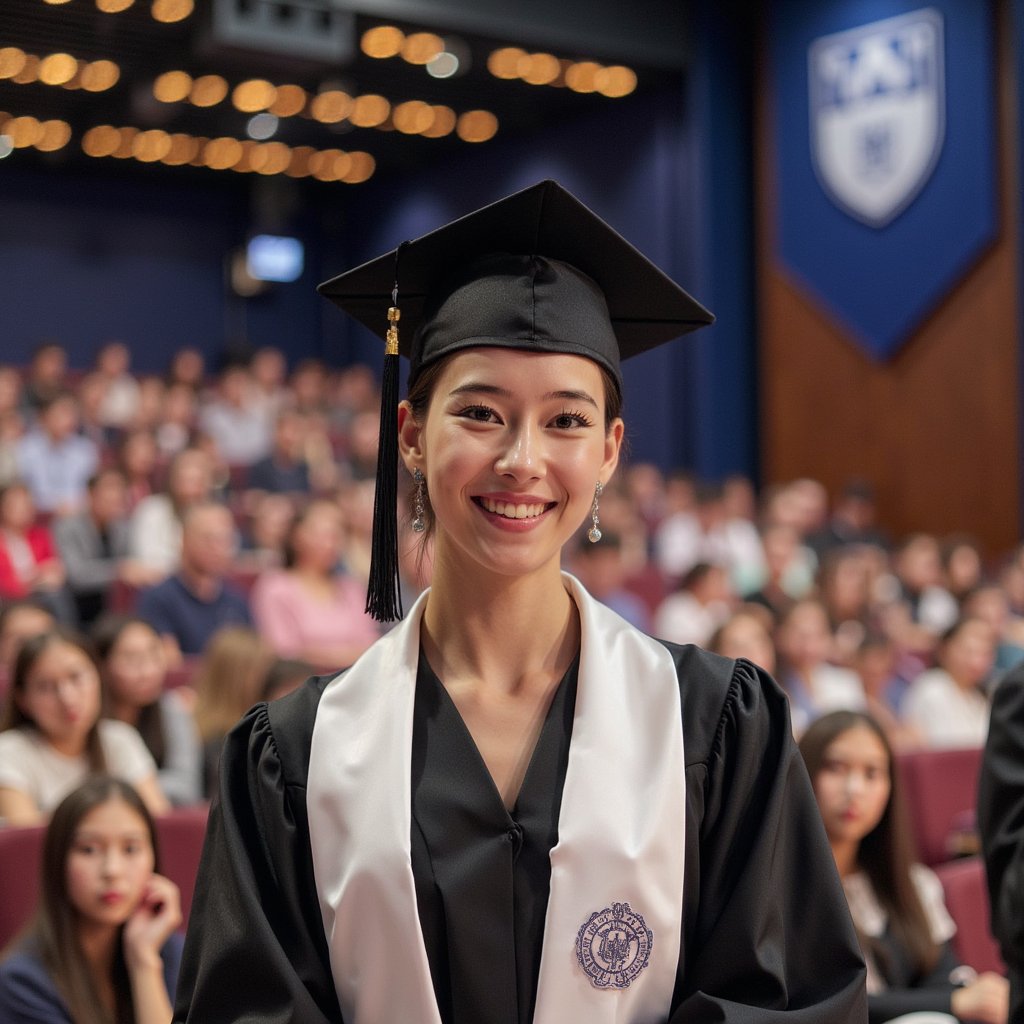 Tight headshot of a woman graduate just off-stage, head slightly tilted, gentle proud smile; black gown with a white stole embossed with a faint seal (no text), mortarboard tassel resting along the cheek line (not held); sleek low bun with a clean center part; camera straight-on at eye level; 105mm lens, f/2.5, ISO 200; lighting: soft key from a nearby diffused LED panel, subtle hair light from above, preserving natural skin texture; background: defocused stage lights forming round bokeh and a blurred university banner in deep blue; micro detail: satin stole highlights, tassel fiber separation, subtle pores and fine hairs around the hairline; minimal clutter, shallow DOF, true-to-skin color, highly detailed, highly realistic, HDR finish.