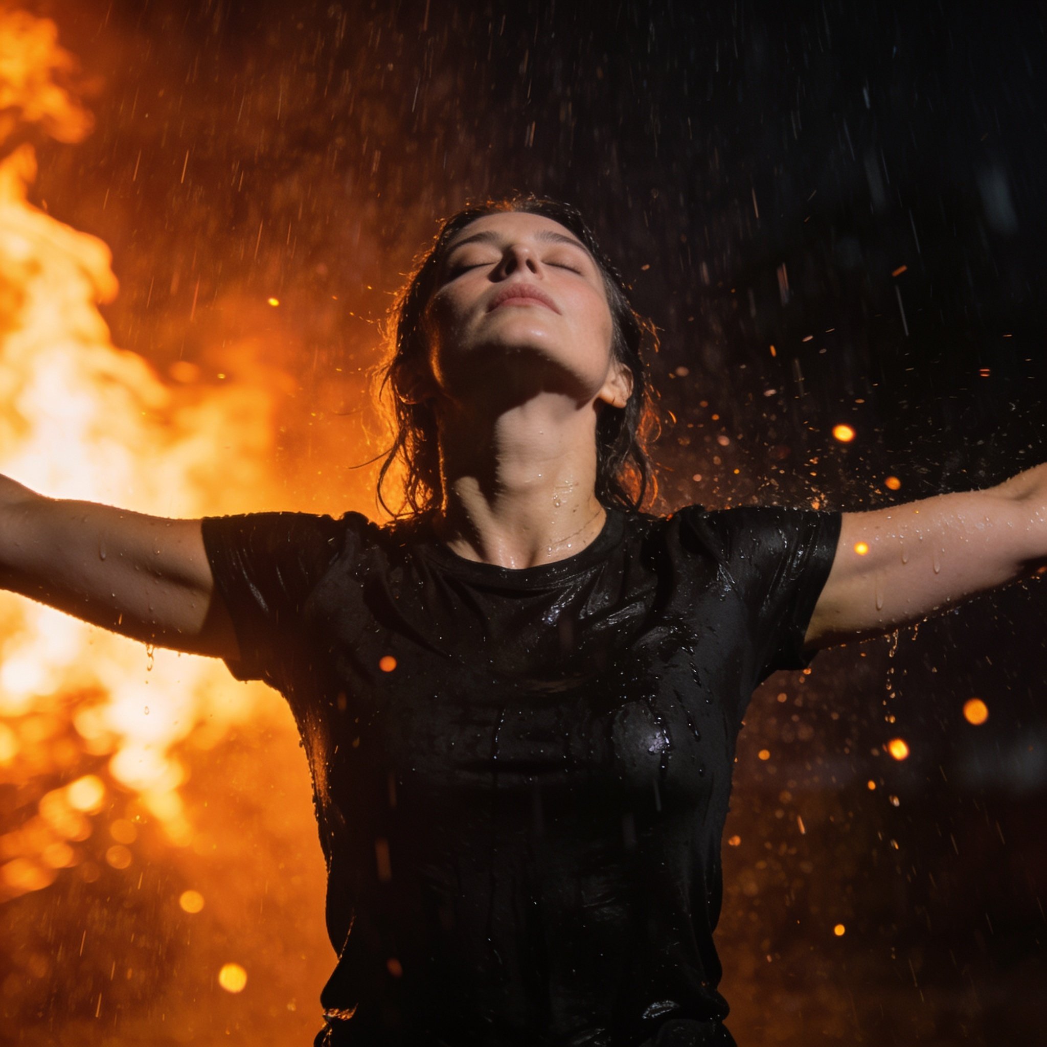 Ultra realistic cinematic portrait of a 32-year-old young woman standing in heavy rain at night, arms open wide and face lifted toward the sky, eyes closed, feeling the rain.
Dramatic warm orange backlight illuminating the falling raindrops, creating glowing rain particles around her. Wet black t-shirt tightly fitting on the body, water droplets on her skin.
Strong contrast lighting with a dark background, orange and golden light shining from the left side like fire or a spotlight.
Emotional expression of freedom and peace, cinematic photography style, ultra-detailed, 8K resolution, shallow depth of field, professional studio lighting, rain splash effects, high-contrast shadows, dramatic atmosphere, vertical portrait composition, 85mm lens photography.