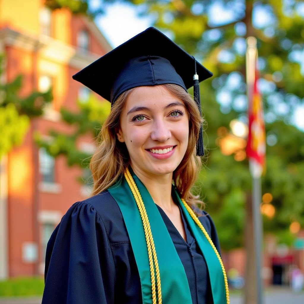 Waist-up portrait of a woman graduate on a campus quad at golden hour, shoulders angled, chin slightly lowered, soft closed-lip smile; wearing a black gown with double honor cords (gold & white) and a deep green satin stole; natural curls gathered into a low ponytail, a few tendrils framing her face; camera slightly above eye level for a flattering angle; 135mm equivalent, f/2.2, ISO 100; backlit rim light outlining the mortarboard and hair, with a large reflector in front for gentle fill; background: brick administration building, flags and spring foliage blurred into warm bokeh; texture notes: subtle stitching along the stole edge, fabric grain on the gown sleeves, tassel threads separated; minimal clutter, buttery background, skin texture preserved, highly detailed, highly realistic, HDR.