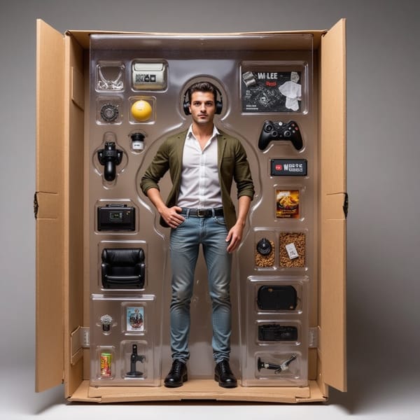  Man with gaming controller, headphones, instant noodles, and a messy desk vibe