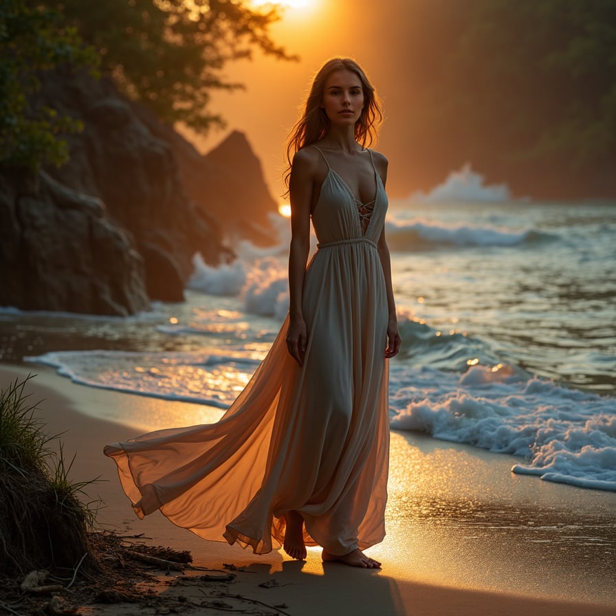 Model standing in elegant beach attire, feet slightly apart and toes curled over the edge of the shore, waves crashing against the rocks behind, the horizon glowing with warm golden light of the setting sun, facing the camera with a serene and peaceful expression.